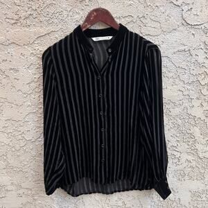 Zara Black Striped Velvet Semi Sheer Blouse Size XS